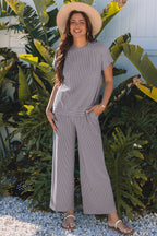 Wild Wind Solid Corded Knit Short Sleeve T Shirt and Wide Leg Pants Set