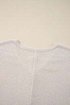 White Waffle Knit Side Slits Loose Fit V Neck Top