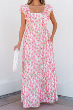 Pink Floral Print Square Neck Ruffled Strap Maxi Dress