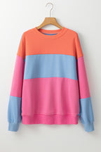 Bright Pink Colorblock Patchwork Drop Shoulder Sweatshirt