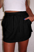 Black French Terry Drawstring Elastic Waistband Mini Skort with Pockets