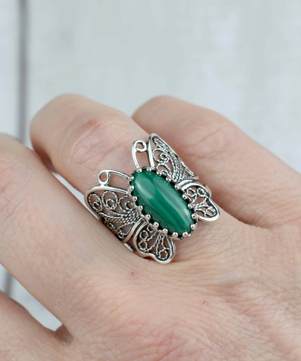 Filigree Art Malachite Gemstone Butterfly Design Women Silver Cocktail Ring