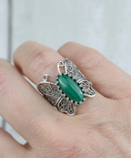 Filigree Art Malachite Gemstone Butterfly Design Women Silver Cocktail Ring