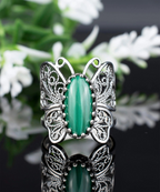 Filigree Art Malachite Gemstone Butterfly Design Women Silver Cocktail Ring