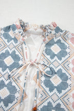 Khaki Geometric Print Tassel Tie Split Neck Balloon Sleeve Blouse