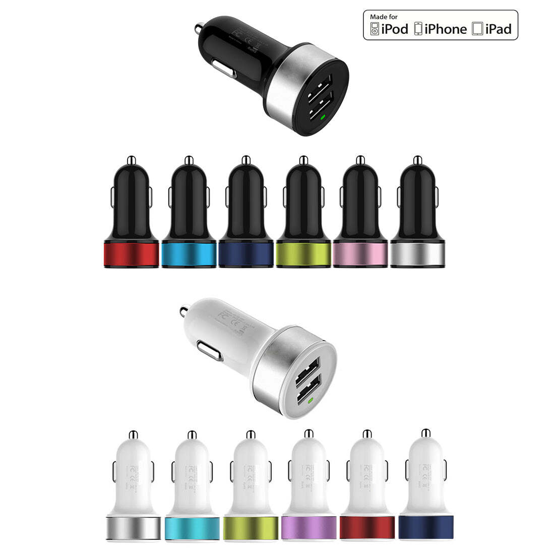 Color: SKY BLUE,Size: WHITE - Dual Port USB Car Adapter for your Smart Phone & Tablet(2.1 amps) APPLE CERTIFIED