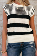 Black white Striped O Neck Sweater Vest