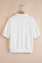White Contrast Striped Collar Patchwork Textured Half Sleeve Blouse