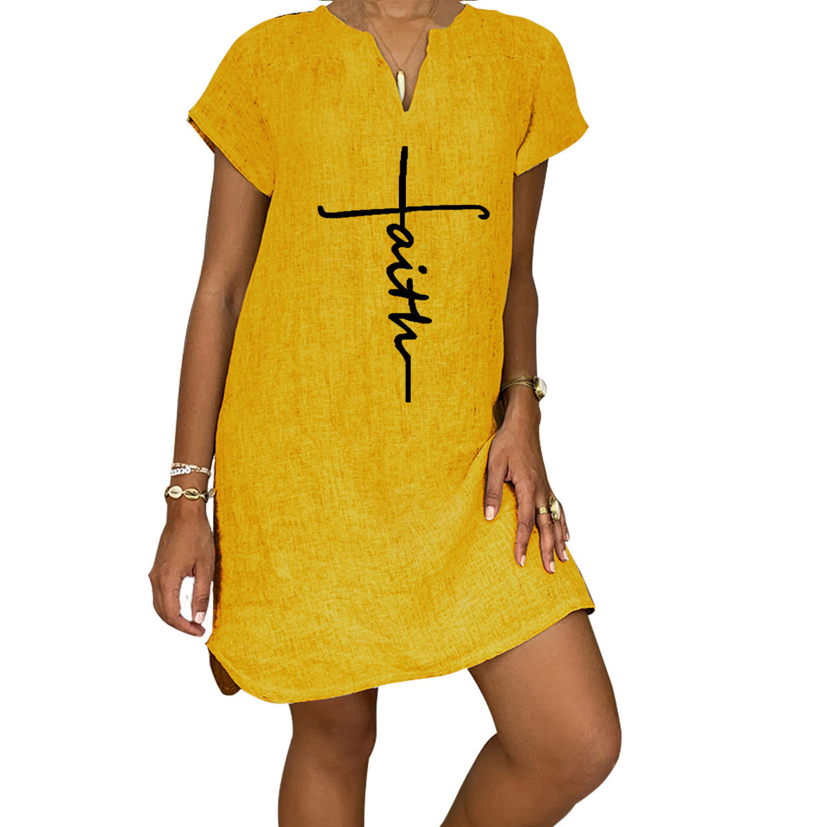 Summer Loose Print Short-sleeved V-neck Cotton And Linen Dress Women's Clothing