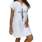 Summer Loose Print Short-sleeved V-neck Cotton And Linen Dress Women's Clothing