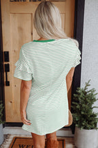 Green Stripe Ruffled Short Sleeve Crew Neck T Shirt Shift Mini Dress