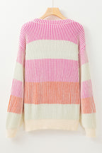 Pink Colorblock Textured Knit Bubble Sleeve Sweater