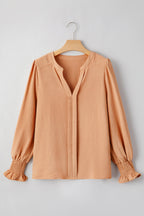 Straw Yellow Solid Color Shirred Cuff Notch V Neck Blouse