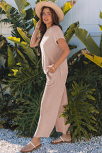 Smoke Gray Solid Corded Knit Short Sleeve T Shirt and Wide Leg Pants Set