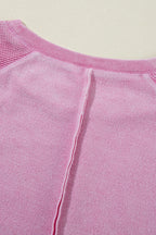 Pink Waffle Knit Patchwork Exposed Seam Raglan Sweatshirt