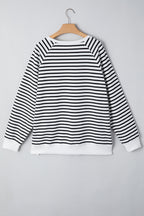 Black Stripe Raglan Sleeve Side Slits Loose Sweatshirt
