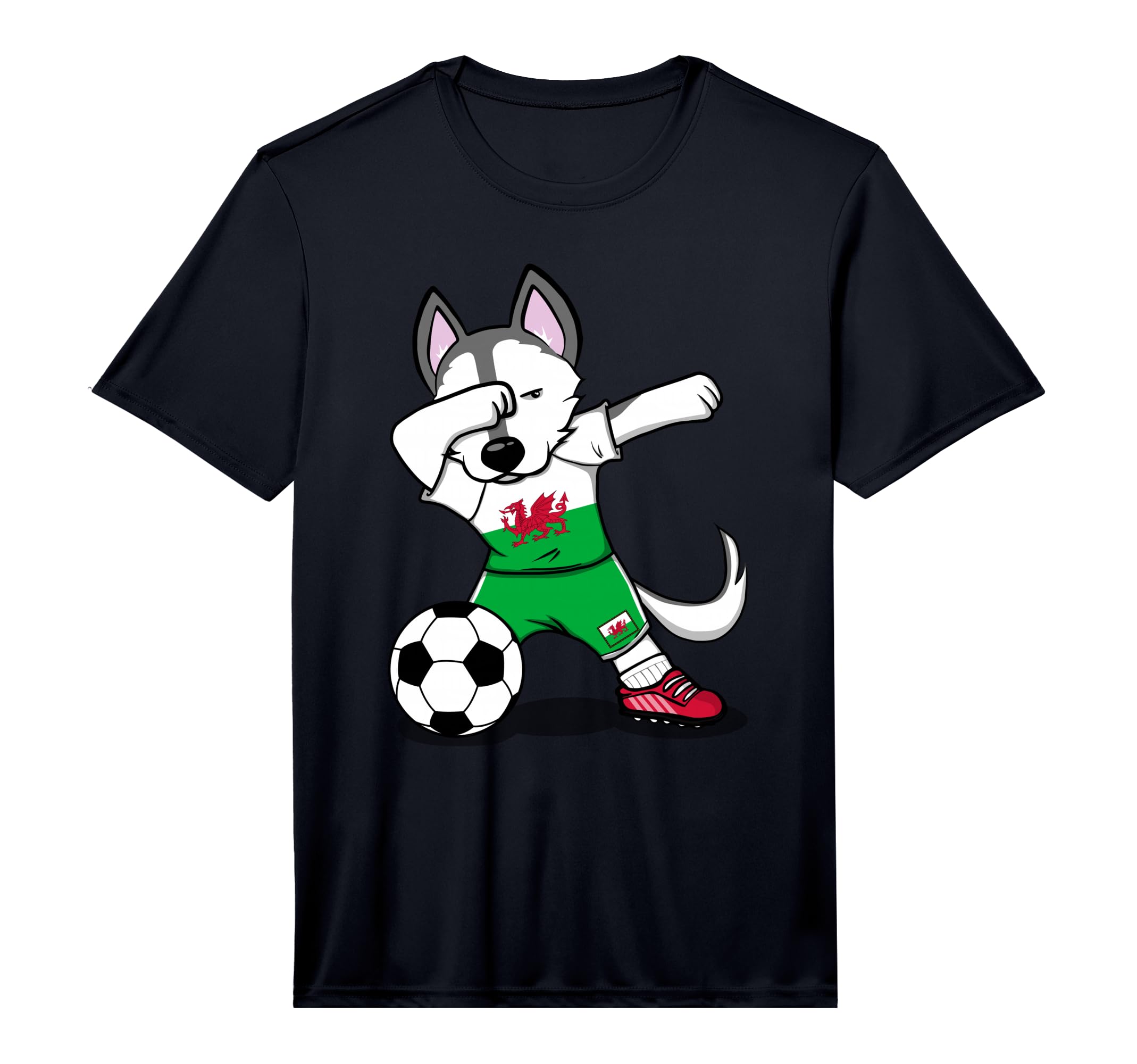 Funny Dabbing Husky Dog Wales Football T-Shirt - Novelty Apparel Unisex