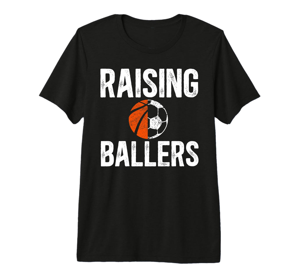 Mens Raising Ballers Basketball Soccer Dad T-Shirt - Graphic Print Unisex