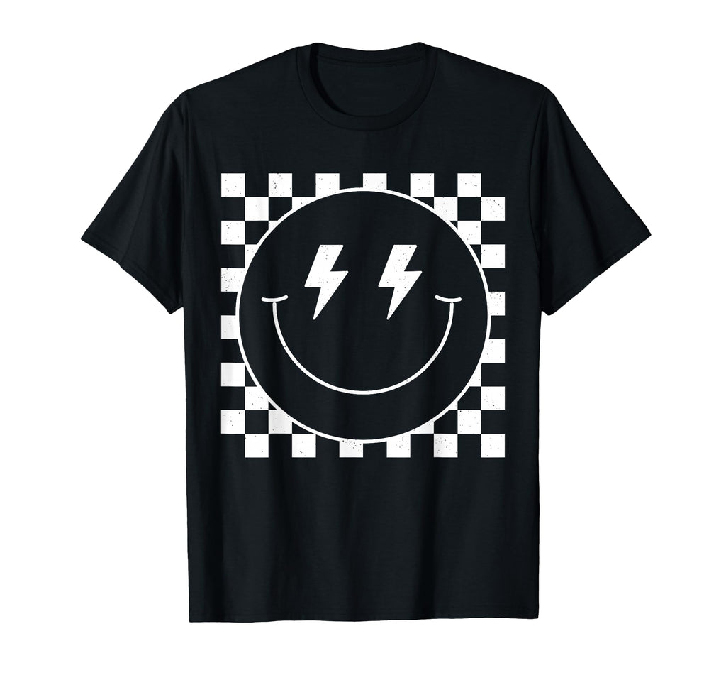 White Checkered Smile Face T-Shirt - Casual Everyday Wear Men Women