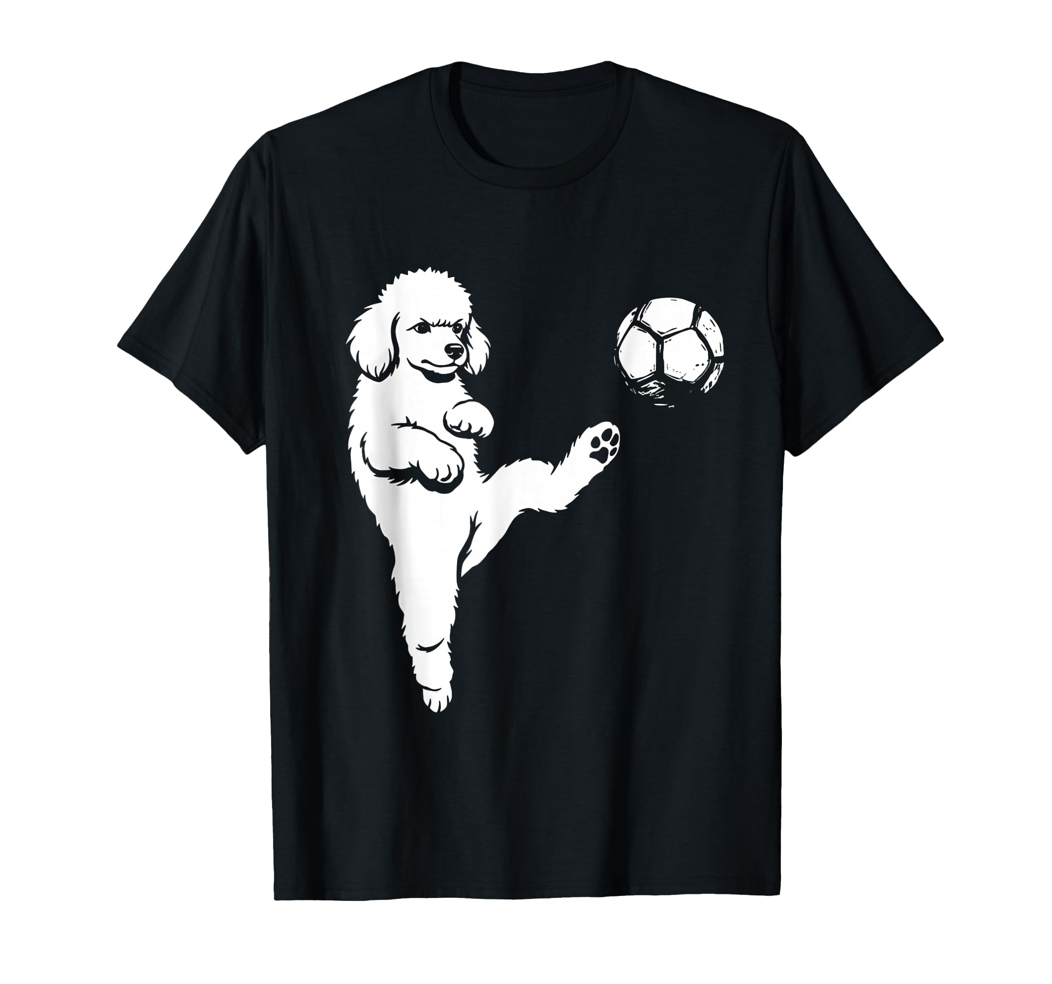 Soccer Poodle Kicking Ball Funny Dog T-Shirt - Minimalist Print Unisex