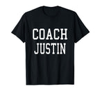 Coach Justin Custom Football Soccer T-Shirt - Unique Graphic for Adults