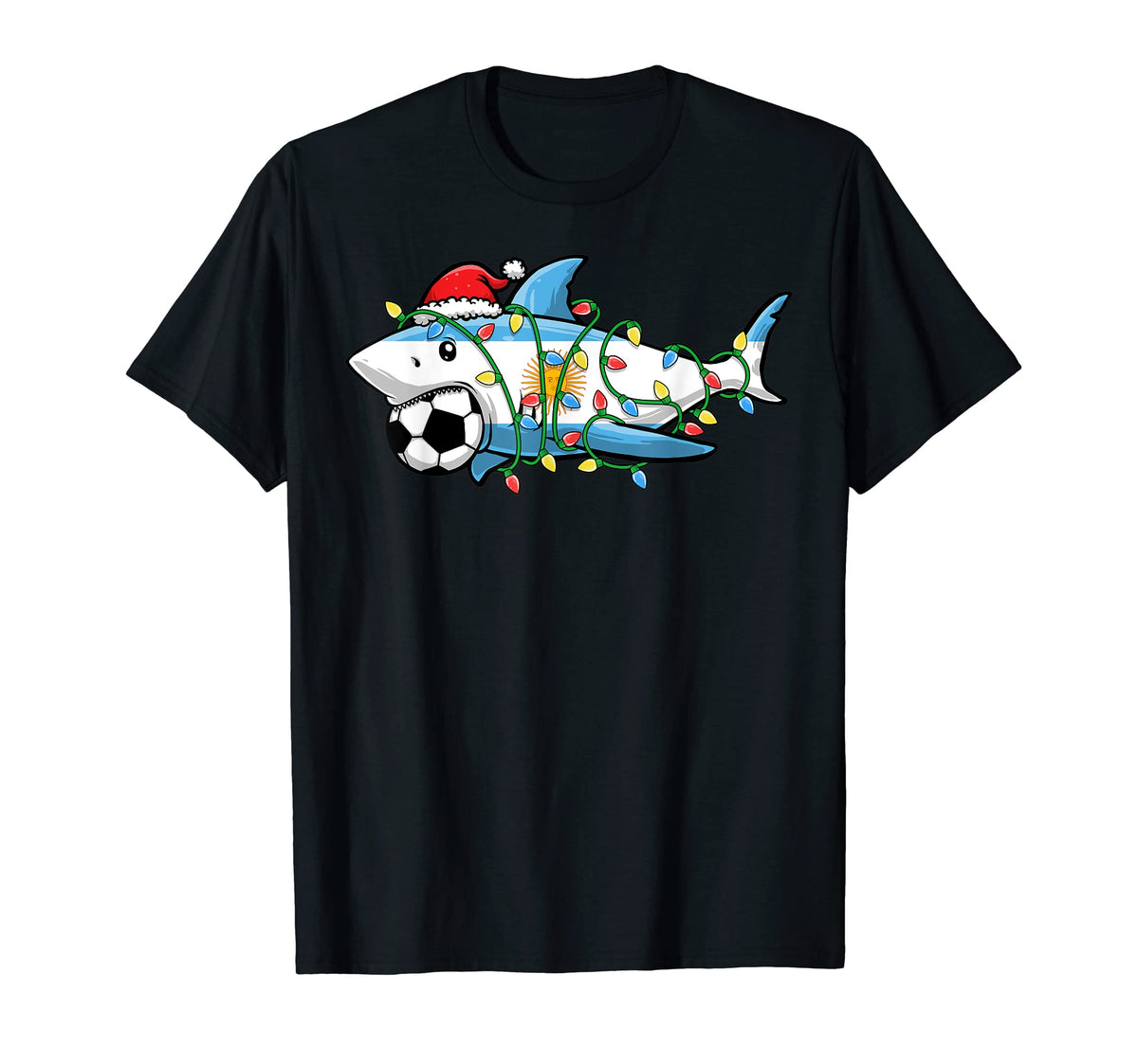 Santa Shark Soccer Football Lights T-Shirt - Casual Everyday Wear Unisex