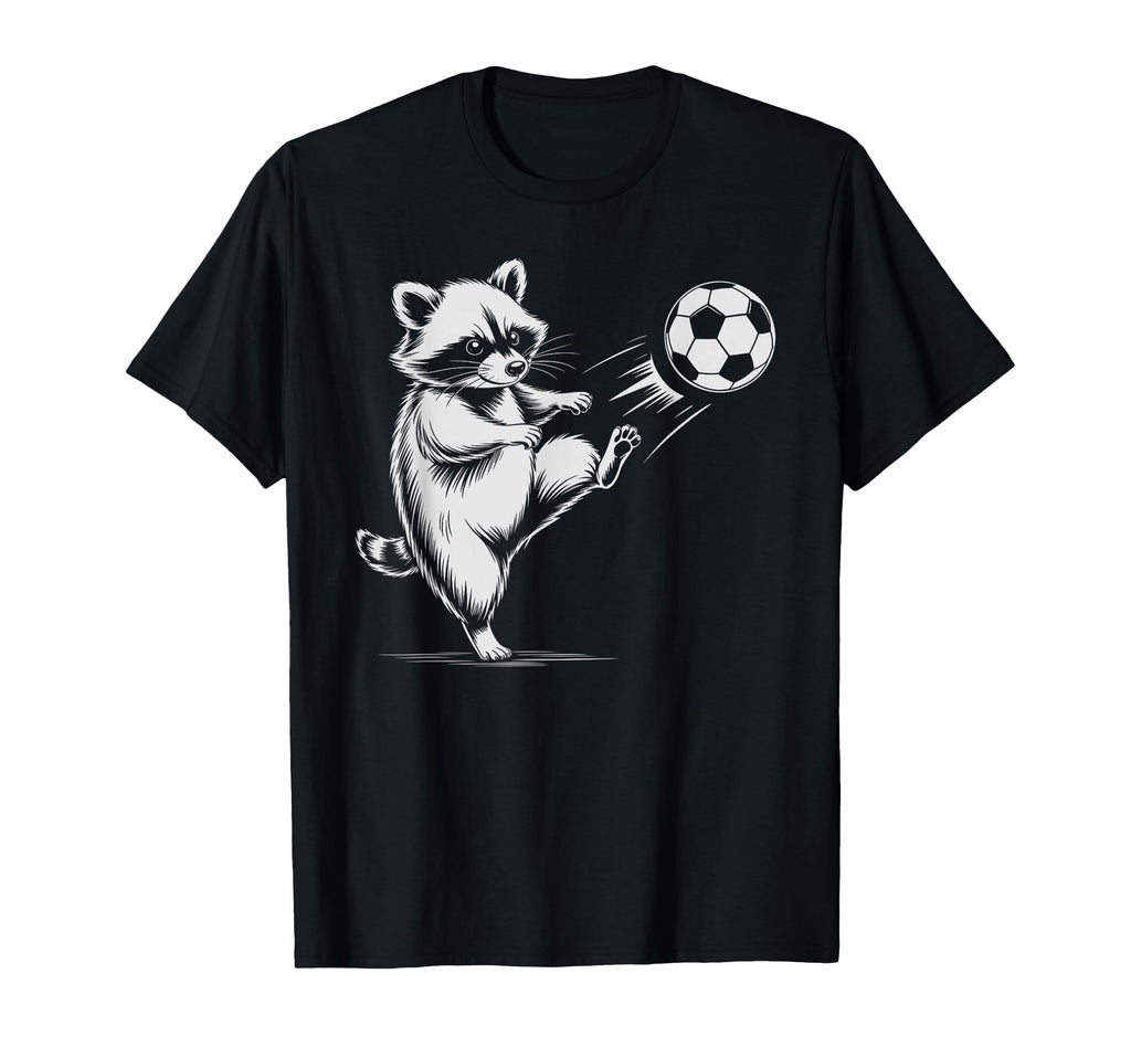 Kawaii Soccer Ball Raccoon Kicking T-Shirt - Unique Graphic Men Women