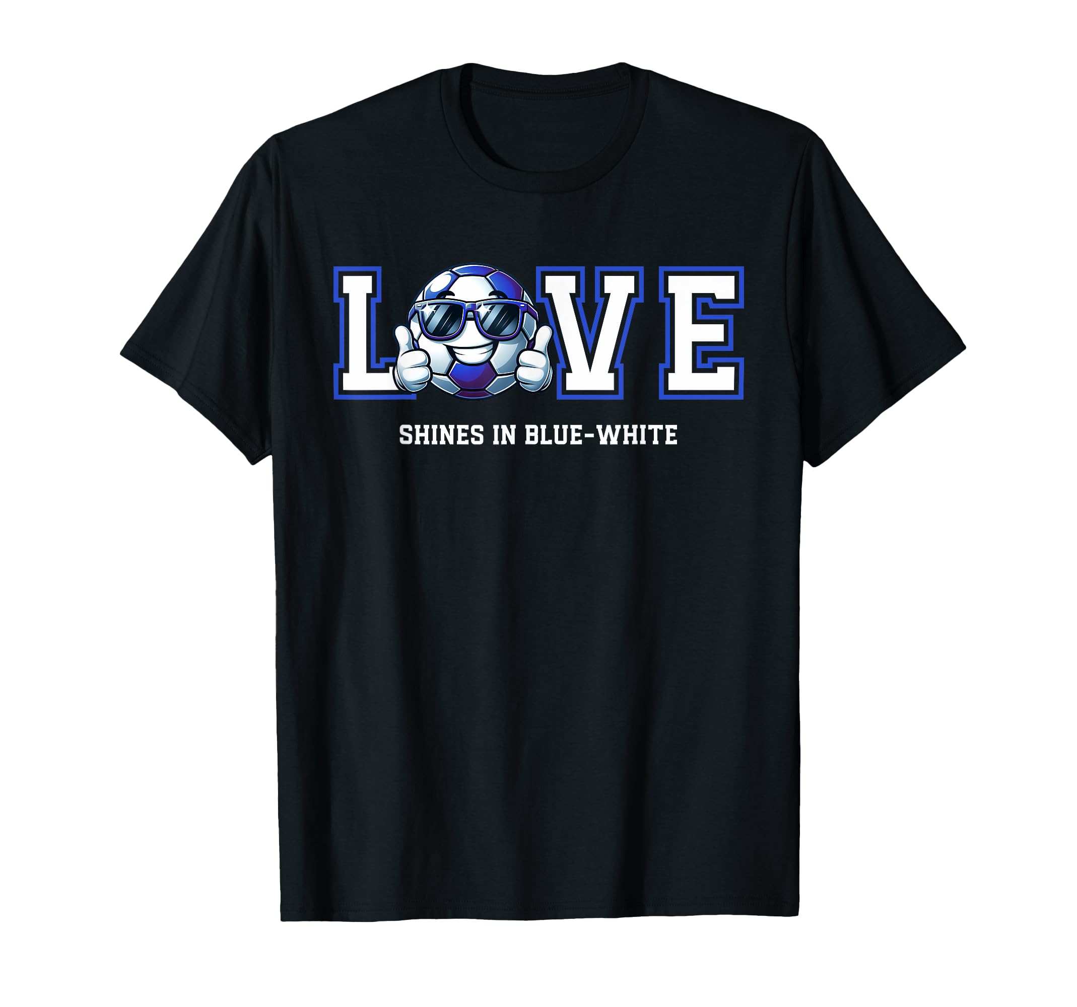 Cartoon Soccer Ball Blue White Fans T-Shirt - Unique Graphic for Adults