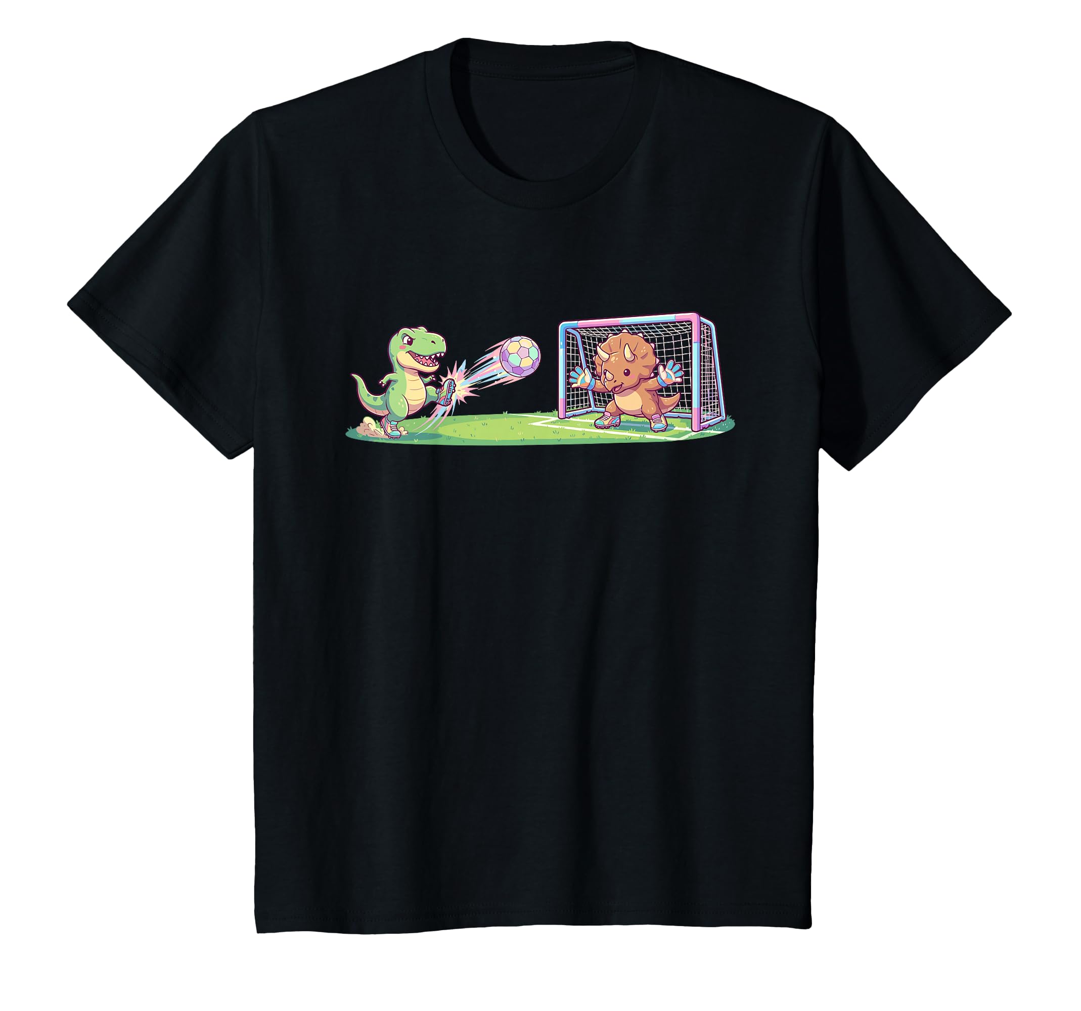 T Rex Kicks Ball Triceratops Goalie T-Shirt - Unique Graphic Men Women