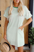 Green Stripe Ruffled Short Sleeve Crew Neck T Shirt Shift Mini Dress