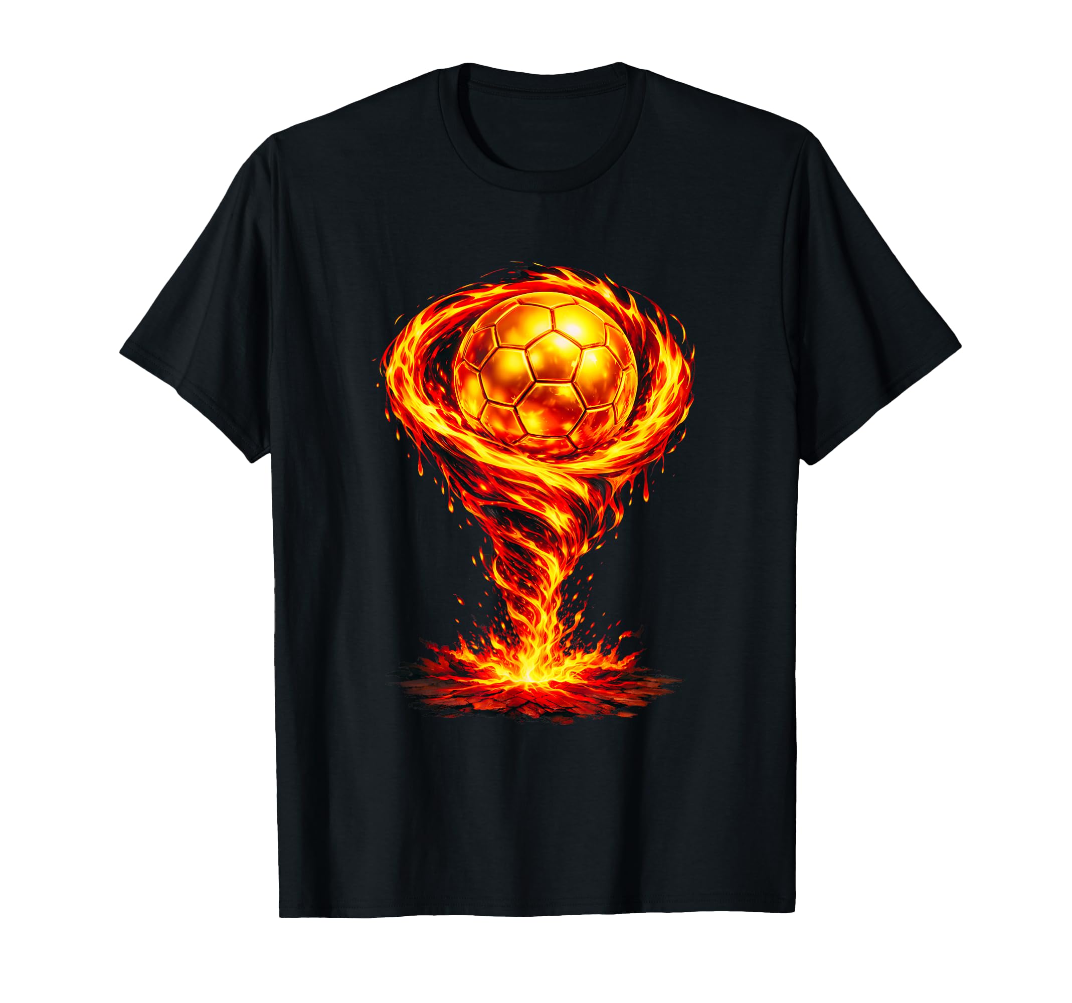 Gold Soccer Ball Tornado Flames T-Shirt - Fun Novelty Design for Adults