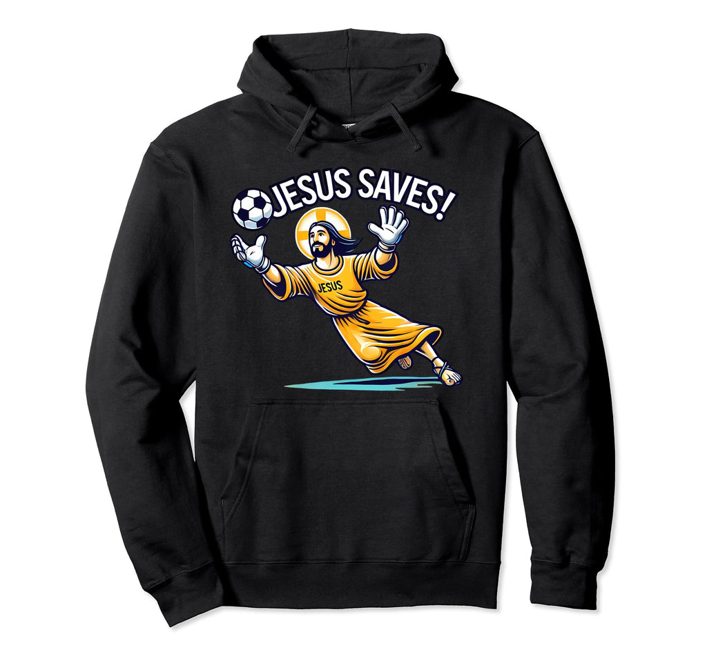 Funny Soccer Goalie Jesus Saves Hoodie - Minimalist Print for Adults