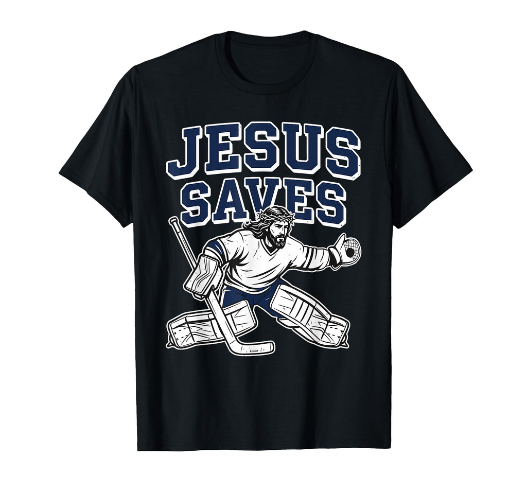Jesus Saves Christian Hockey Goalie T-Shirt - Minimalist Print for Adults