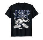 Jesus Saves Christian Hockey Goalie T-Shirt - Minimalist Print for Adults