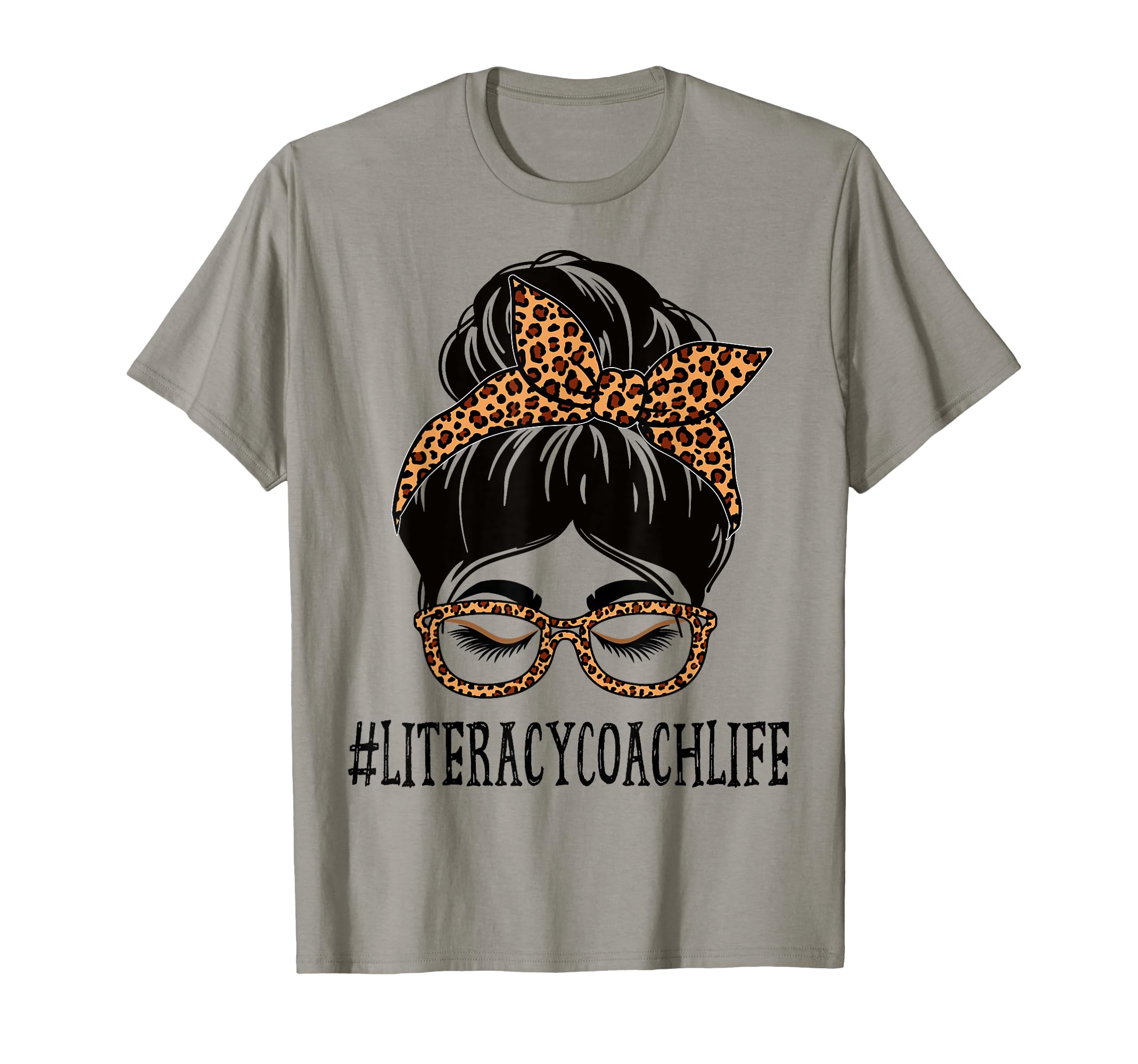 Literacy Coach Leopard Messy Bun T-Shirt - Minimalist Print for Adults