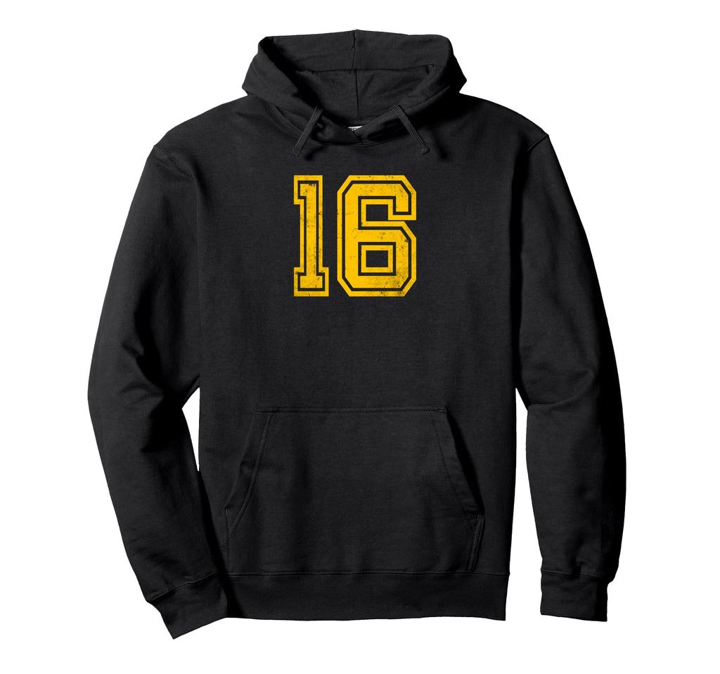 Yellow Distressed Sport Team Number 16 Hoodie - Graphic Print Men Women