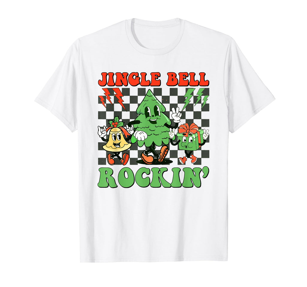 Checkered Jingle Bell Rockin Tree Rock T-Shirt - Graphic Print Men Women