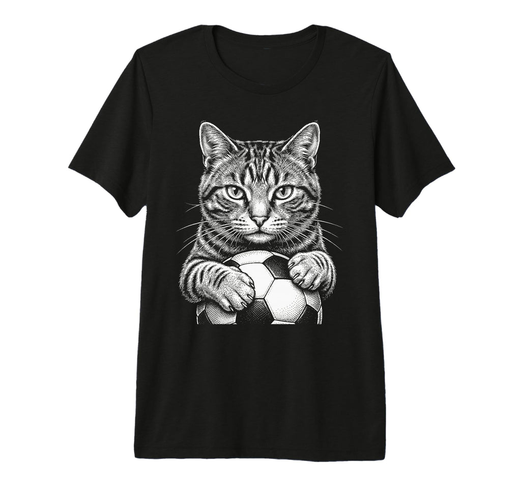 Cat Playing Soccer Black And White Line T-Shirt - Novelty Apparel Unisex