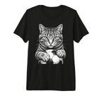 Cat Playing Soccer Black And White Line T-Shirt - Novelty Apparel Unisex