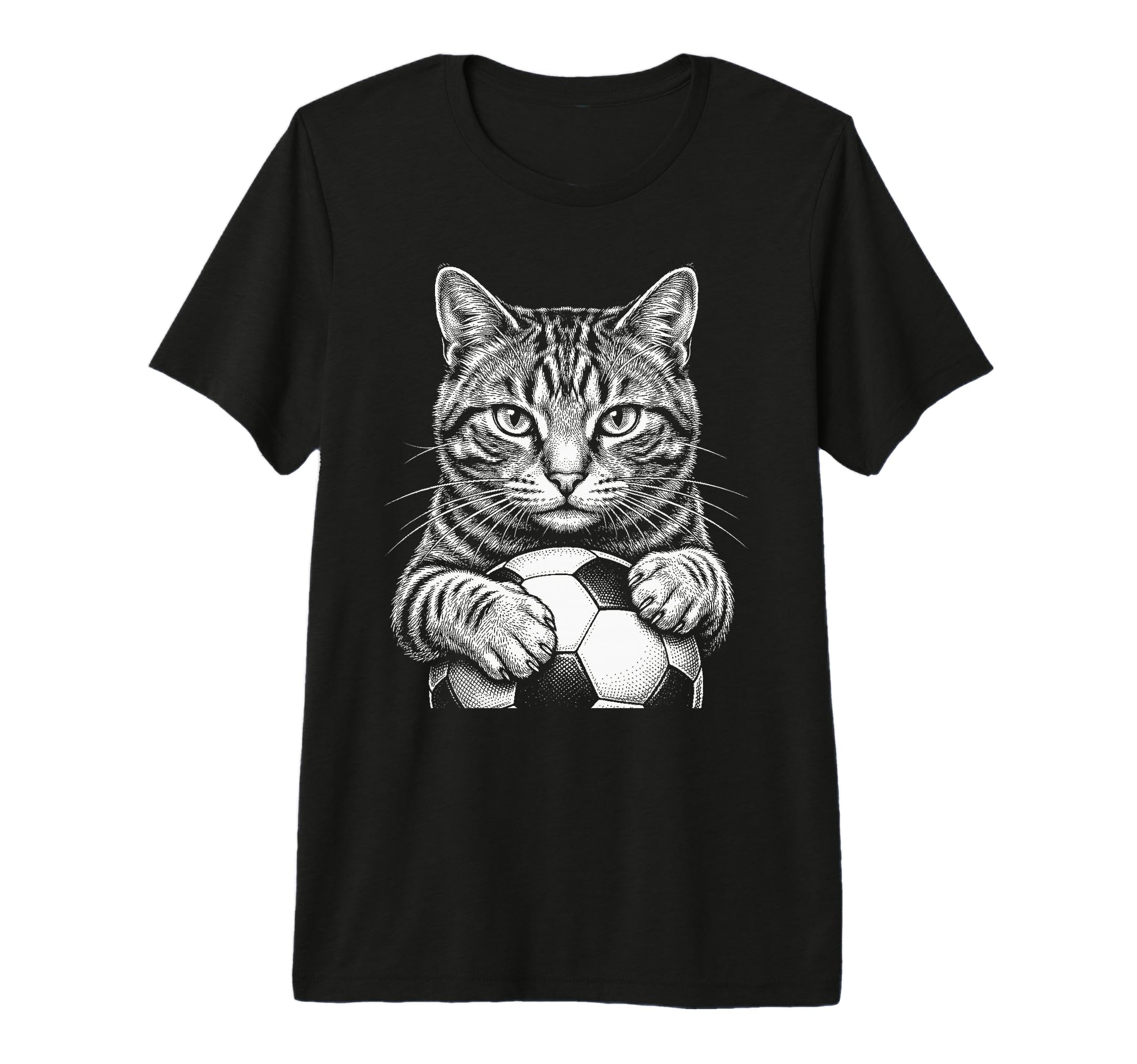 Cat Playing Soccer Black And White Line T-Shirt - Novelty Apparel Unisex