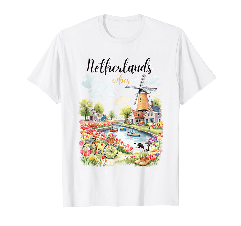 Dutch Windmill Tulip Fields T-Shirt - Streetwear Style for Adults
