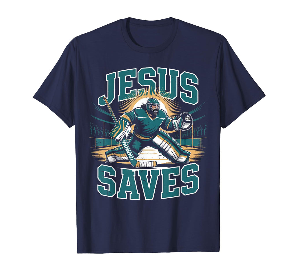 Christian Hockey Jesus Saves Goalie T-Shirt - Fun Novelty Design Men Women