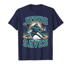 Christian Hockey Jesus Saves Goalie T-Shirt - Fun Novelty Design Men Women