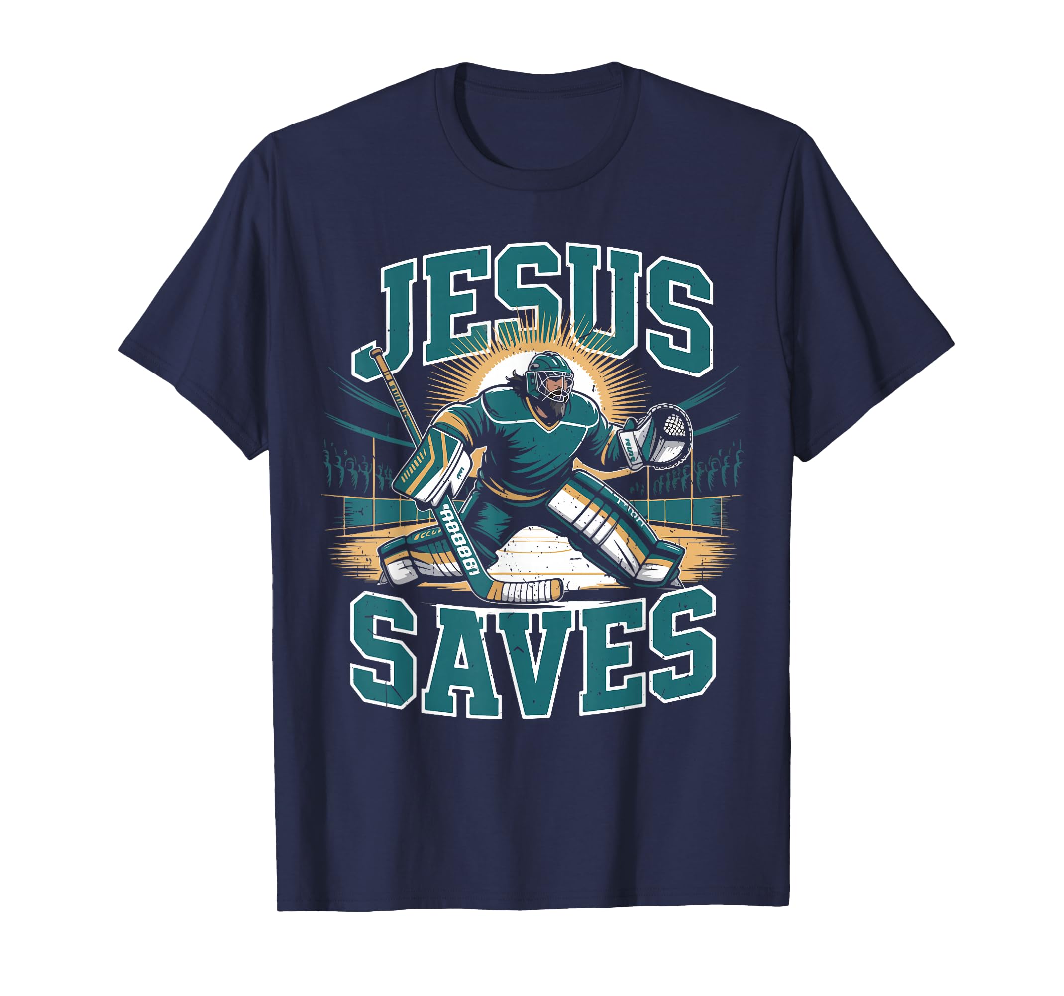 Christian Hockey Jesus Saves Goalie T-Shirt - Fun Novelty Design Men Women