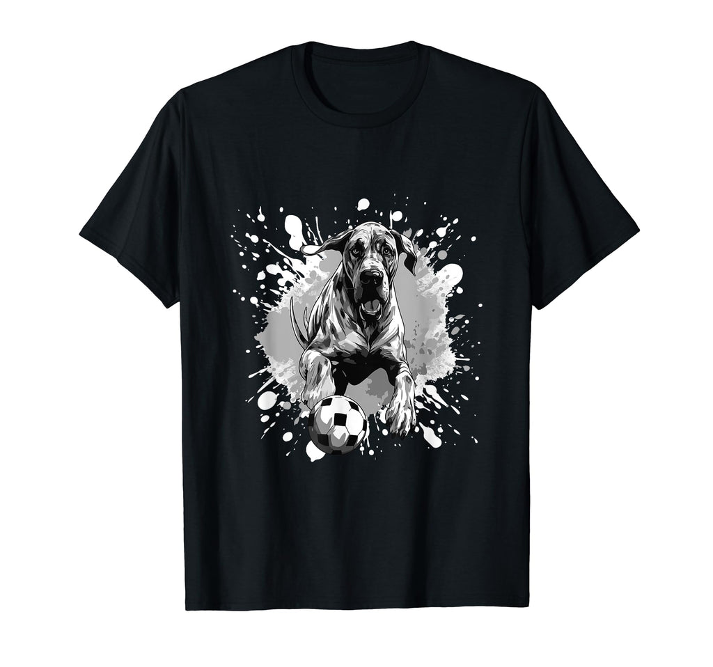 Great Dane Dog Playing Soccer Sports T-Shirt - Casual Everyday Wear Unisex