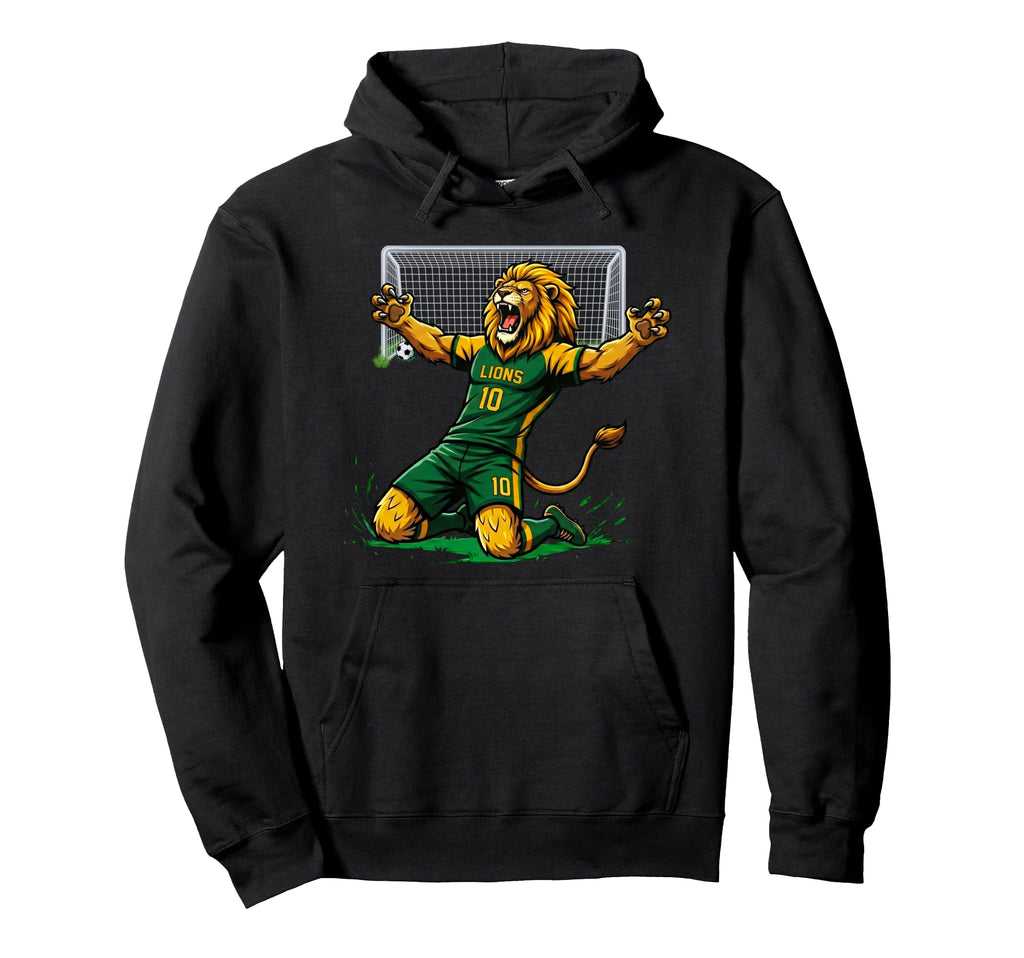 Lion Soccer Player Score Goal Knee Hoodie - Fun Novelty Design for Adults