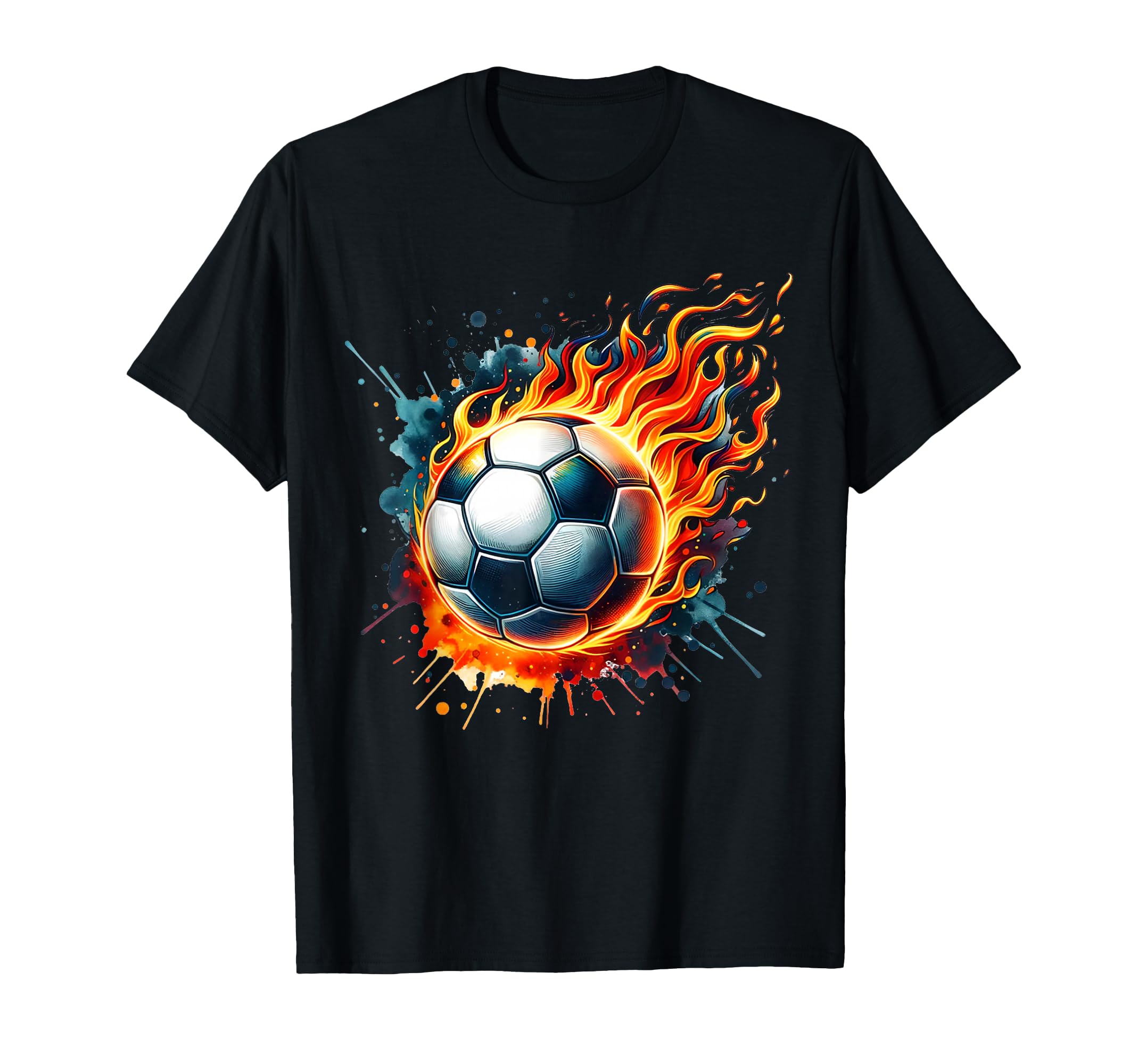 Flaming Soccer Ball Fire Colorful T-Shirt - Casual Everyday Wear Unisex