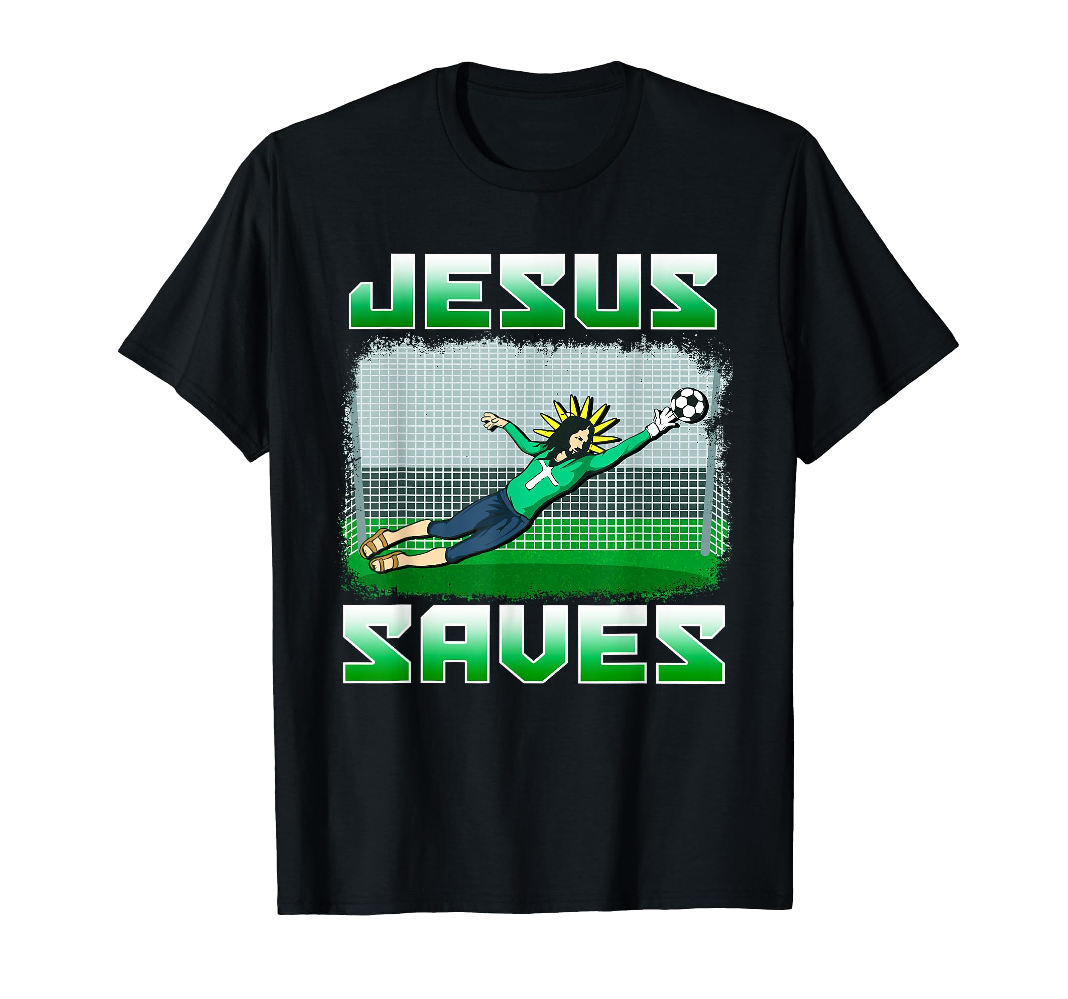 Funny Christian Soccer Jesus Saves Goalie T-Shirt - Graphic Print Men Women