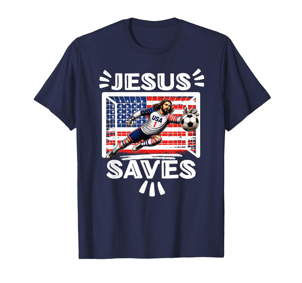 Funny Soccer Jesus Saves Usa Flag Soccer T-Shirt - Novelty Apparel Unisex