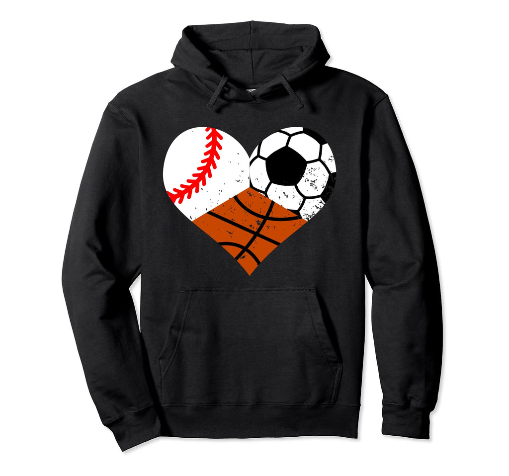 Baseball Soccer Basketball Heart Funny Hoodie - Graphic Print for Adults